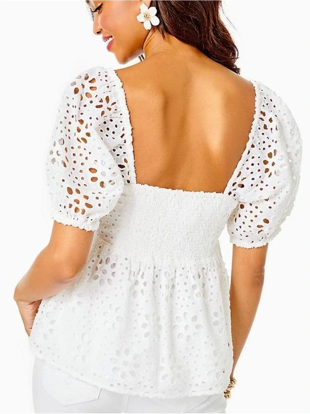 Lilly Pulitzer White Eyelet Square-Neck Puff Sleeve Top